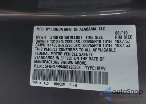 2019 Honda Odyssey Elite from USA, damaged, VIN 5FNRL6H94KB120358